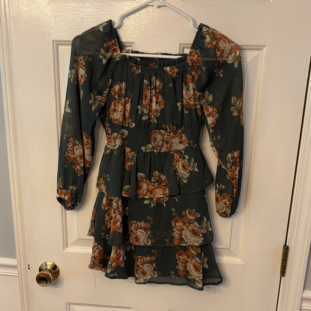Rare Editions Olive Green Floral Tiered Puff-Sleeve Girls Dress